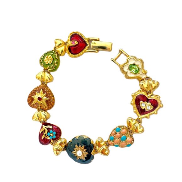 Joan Rivers Hearts & Flowers Bracelet Gold Tone w/ Enameled Hearts - New - Picture 1 of 5